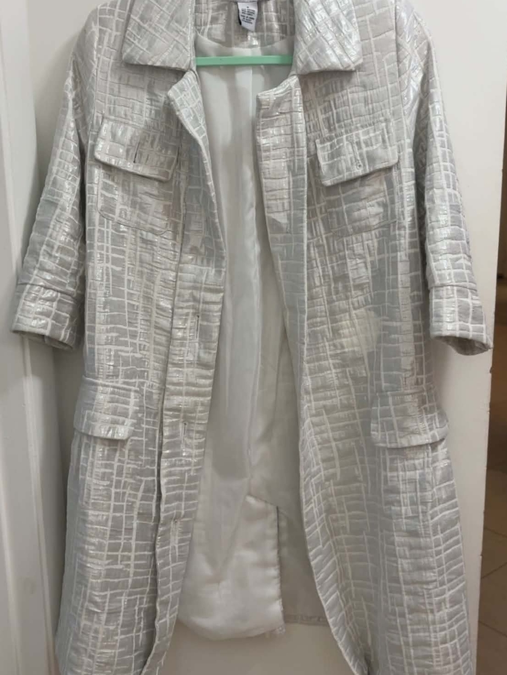 Vintage 90s Vertigo Paris Women's Shimmery Textured Long Coat - White/Cream, S